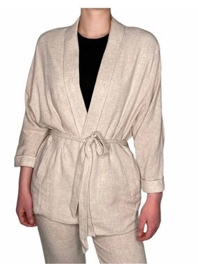 NWT Frank and Oak Cream Linen Blend Robe Cardigan with Tie Belt